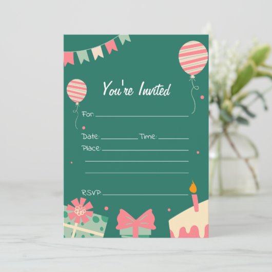 Vul de blanco verjaardagsuitnodiging in kaart (Staand voorkant)