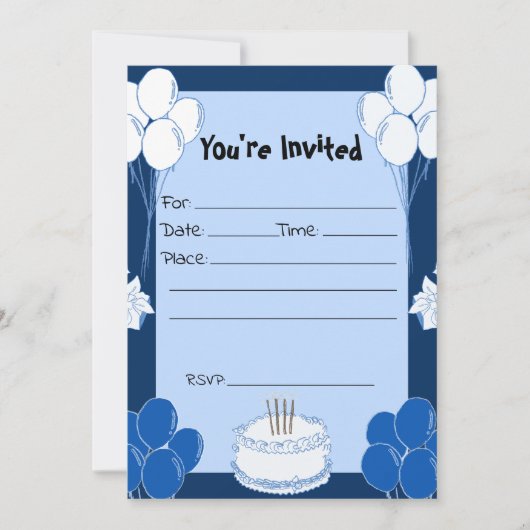 Vul de Blank Birthday Blue uitnodiging in (Voorkant)