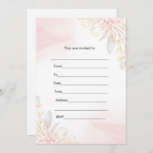 Vul de uitnodiging roze goudflorale waterverf in (Voorkant / Achterkant)