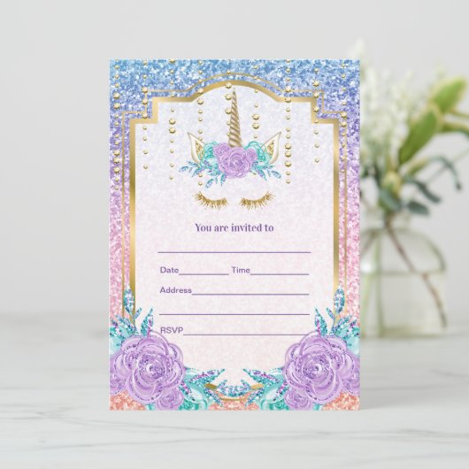 Vul eenhoorn uitnodiging in (Staand voorkant)