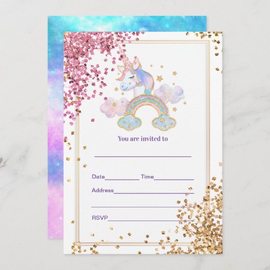 Vul eenhoorn uitnodiging in (Voorkant / Achterkant)