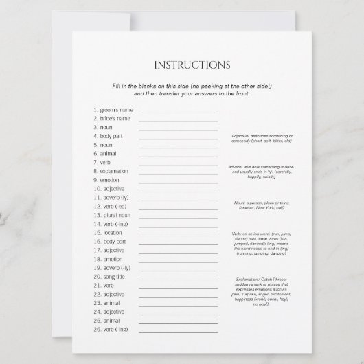 Vul in de Blanks Love Story Vrijgezellenfeest Game Kaart (Achterkant)
