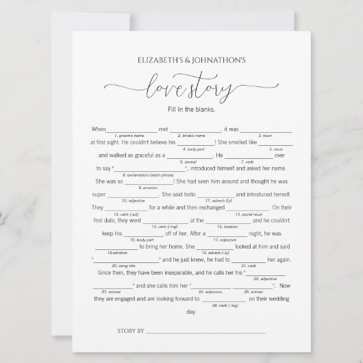 Vul in de Blanks Love Story Vrijgezellenfeest Game Kaart (Voorkant)