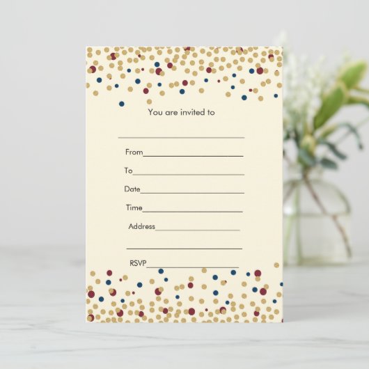 Vul uitnodiging confetti goud marine roodburgundy (Staand voorkant)