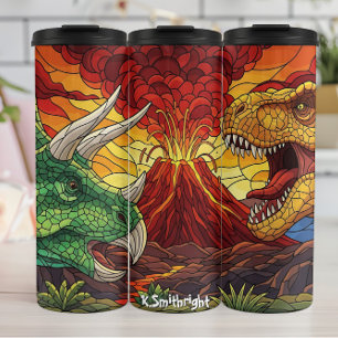 Vulkaan Dinosauriërs Gebrandschilderde Strijd Thermosbeker