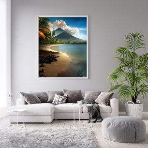 Vulkano's, witte zandstrand met palmbomen poster