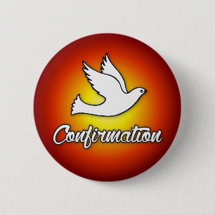 Vulknop, Religieuze Duif op Rood, Confirmatie Ronde Button 5,7 Cm