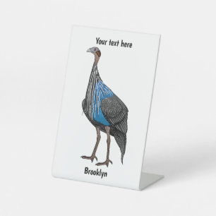Vulturine guineafowl vogelschilderij cartoon reclamebord met voetstuk