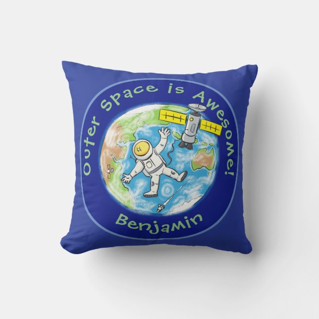 Vun astronaut met satelliet over de cartoon kussen (Voorkant)