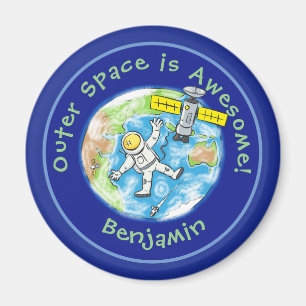 Vun astronaut met satelliet over de cartoon magneet