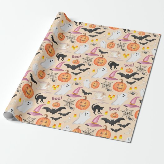 Vun, handschilderd, Waterverf Halloween Cadeaupapier (Uitgerold)