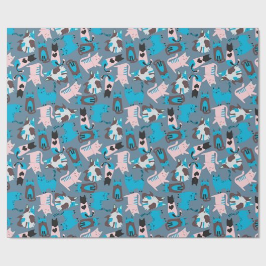 Vun katten op blauw cadeaupapier (Vlak)