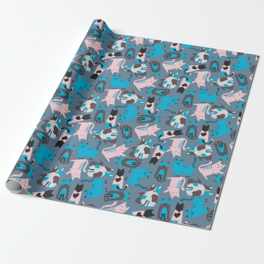 Vun katten op blauw cadeaupapier (Uitgerold)