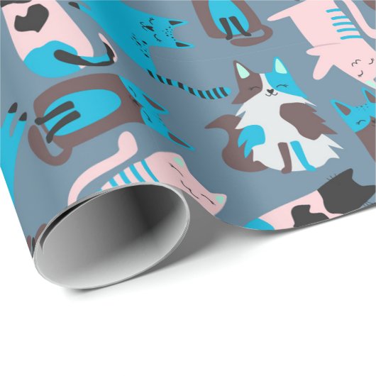 Vun katten op blauw cadeaupapier (Rol Hoek)