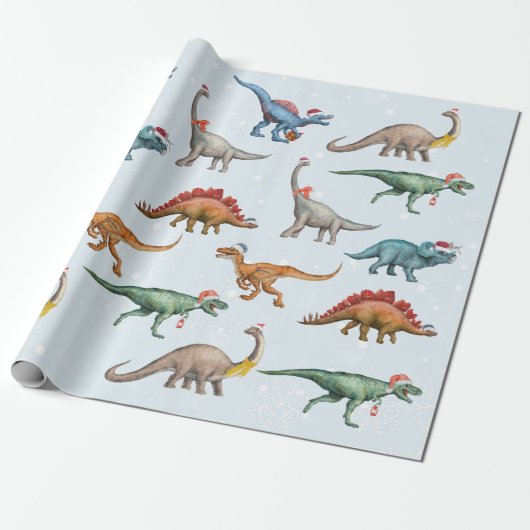Vun kerstfeestdag Dinosaur-Waterverf Cadeaupapier (Uitgerold)