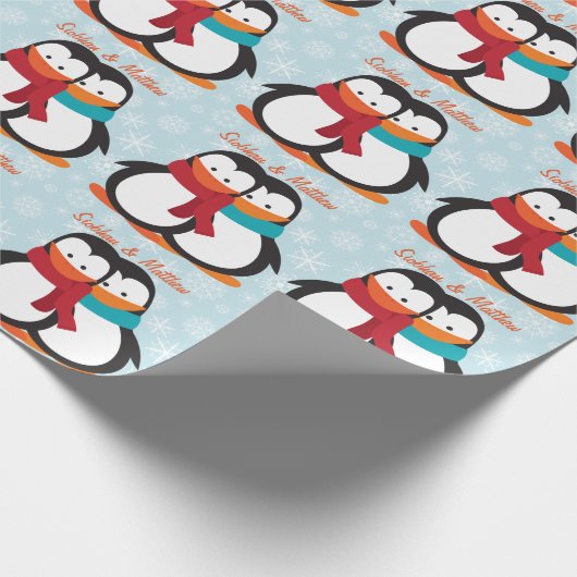 Vun kerstpinguïn Couple  Cadeaupapier (Hoek)