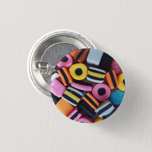 Vun, kleurrijk, zoethout snoep ronde button 3,2 cm (Voorkant /achterkant)