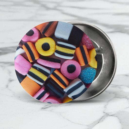 Vun, kleurrijk, zoethout snoep ronde button 3,2 cm