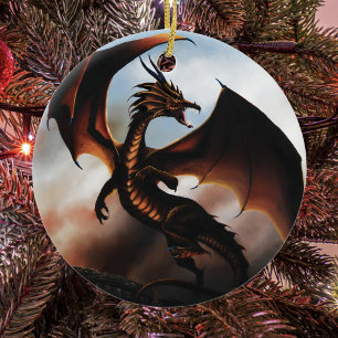 Vurig Ambere Draak Fantasie Keramisch Ornament