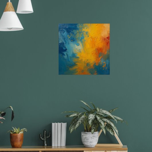 Vurig Oranje & Blauwe Impasto Abstracte Kunstposte Poster (Woonkamer 1)