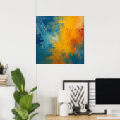 Vurig Oranje & Blauwe Impasto Abstracte Kunstposte Poster (Thuiskantoor)