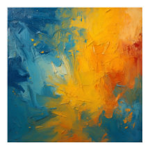 Vurig Oranje & Blauwe Impasto Abstracte Kunstposte