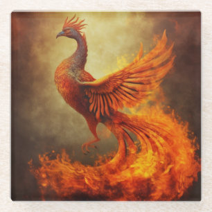 Vurig Oranje Fenix Oprijzend door Gouden Nevel Glazen Onderzetter