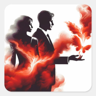 Vurig Passie Koppel Silhouet - Surrealistische Vla Vierkante Sticker