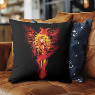 Vurig Rode Fantasie Phoenix Vrouw Zwart Kussen
