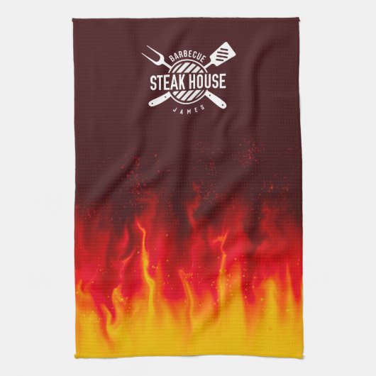 Vurige BBQ Keuken Vlammen - Custom Steak House Theedoek (Verticaal)