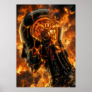 Vurige Cybernetische Phoenix Gebarsten Robothoofd Poster
