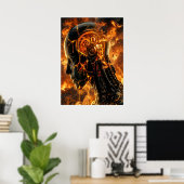 Vurige Cybernetische Phoenix Gebarsten Robothoofd Poster (Thuiskantoor)