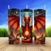 Vurige draak over gesmolten vulkaan thermosbeker