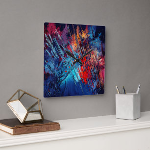 Vurige Drift Blauw Rood Hedendaagse Abstracte Kuns Vierkante Klok