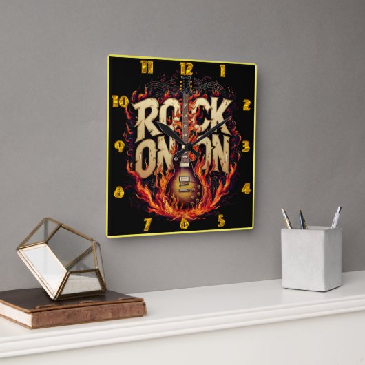 Vurige gitaar kunstwerk met rock-thema design vierkante klok (Kantoor)