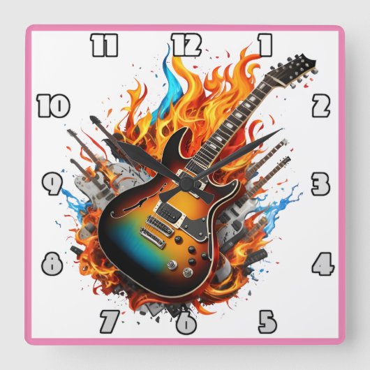 Vurige gitaar tussen vlammen en schaduwen vierkante klok (Voorkant)