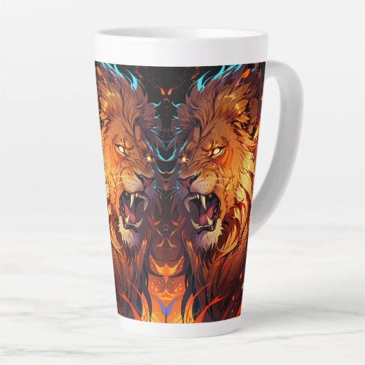 Vurige leeuw met levendige manen en Natuur-element Latte Mok (Rechterhoek)