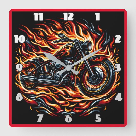 Vurige motorfiets brullend door levendige vlammen vierkante klok (Voorkant)
