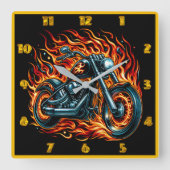 Vurige motorfiets die door een kosmische achtergro vierkante klok (Voorkant)