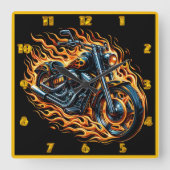 Vurige motorfiets in beweging tijdens zonsondergan vierkante klok (Voorkant)