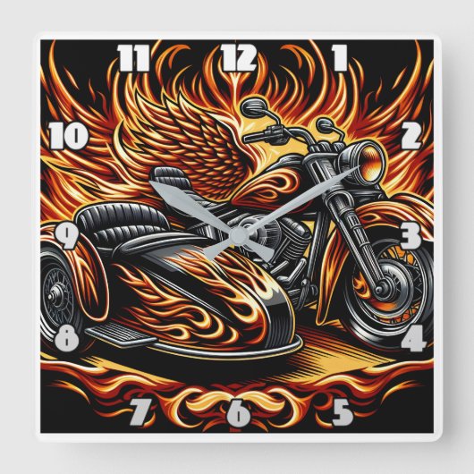 Vurige motorfiets met levendige vlammen en zijspan vierkante klok (Voorkant)