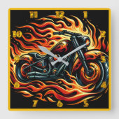 Vurige motorfiets met levendige vlammen in de sche vierkante klok (Voorkant)