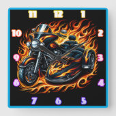 Vurige motorfiets met zijspan bij zonsondergang vierkante klok (Voorkant)