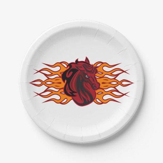 Vurige rode paardenkop met vlammen papieren bordje (Voorkant)