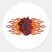 Vurige rode paardenkop met vlammen ronde sticker (Voorkant)