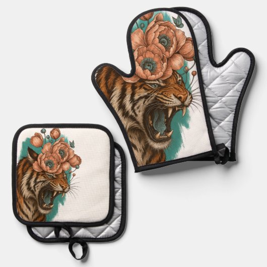 Vurige tijgerbloei ovenwant & pannenlap set (Voorkant / Achterkant)