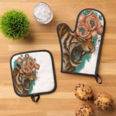 Vurige tijgerbloei ovenwant & pannenlap set (Top down)