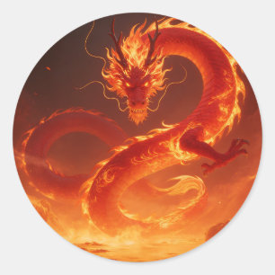 Vurige Vuurdraak   Mythische Vlamdraak Fantasie Ronde Sticker