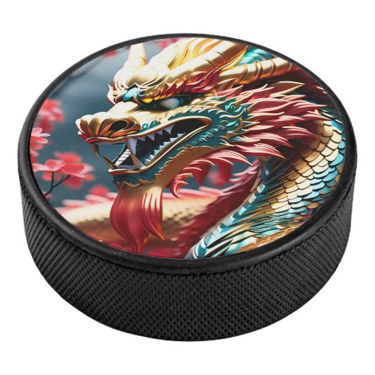 Vuur ademende draak goud blauw en rode schubben hockey puck (3/4)