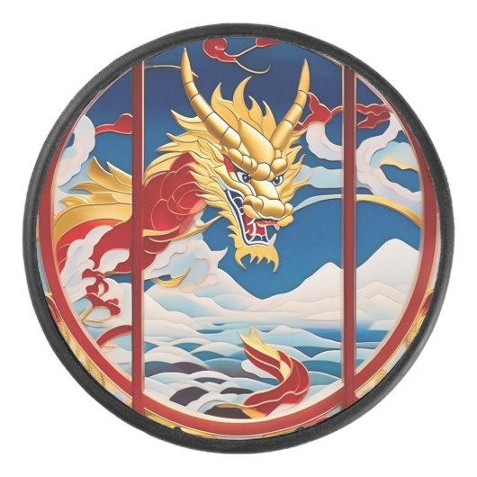 Vuur ademende draak Goud En Rood Hockey Puck (Voorkant)